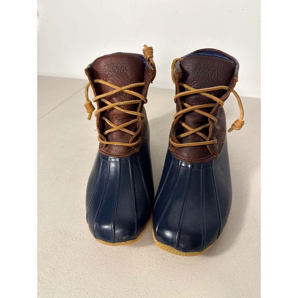 Sperry Top-Sider Saltwater Duck Boots Navy Blue Brown Leather Women 7.5